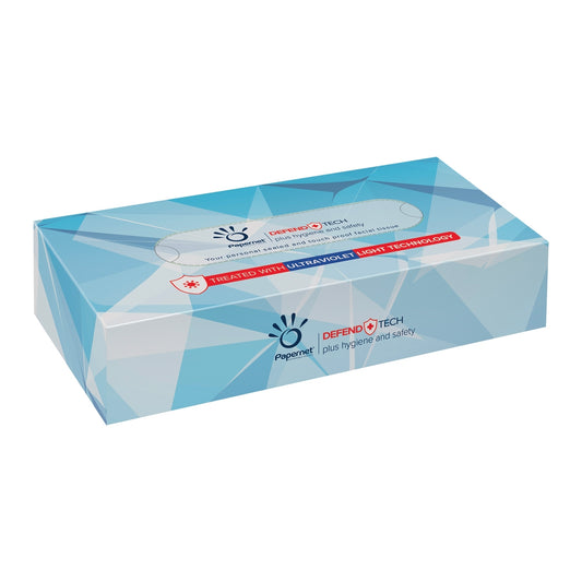 Vorgestellt wird eine rechteckige Schachtel Papernet Kosmetiktücher 415938 mit einem geometrischen blauen Design mit der Aufschrift „Behandelt mit Ultraviolettlicht-Technologie“ und der Marke Sofidel Germany GmbH, die für Qualität und Innovation in jedem Zellstoff-Tuch sorgt.