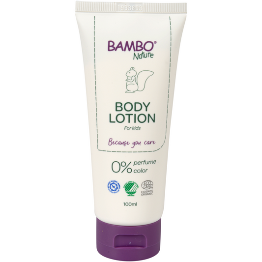 Eine 100 ml weiße Tube Bambo Nature Körperlotion von Abena Re-Seller GmbH, farb- und parfümfrei, mit lila Verschluss, Eichhörnchen-Illustration und hypoallergenen Etiketten-perfekt für empfindliche Haut; Packung mit 6 Stück.