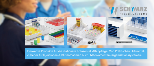 Eine Krankenschwester in blauer Uniform steht neben Kollegen und medizinischen Ablagefächern mit Spritzen, Reagenzgläsern und Medikamentenorganisatoren. Der Text wirbt für die Gesundheitsprodukte von Schwarz Pflegesysteme für die Klinik- und Altenpflege.