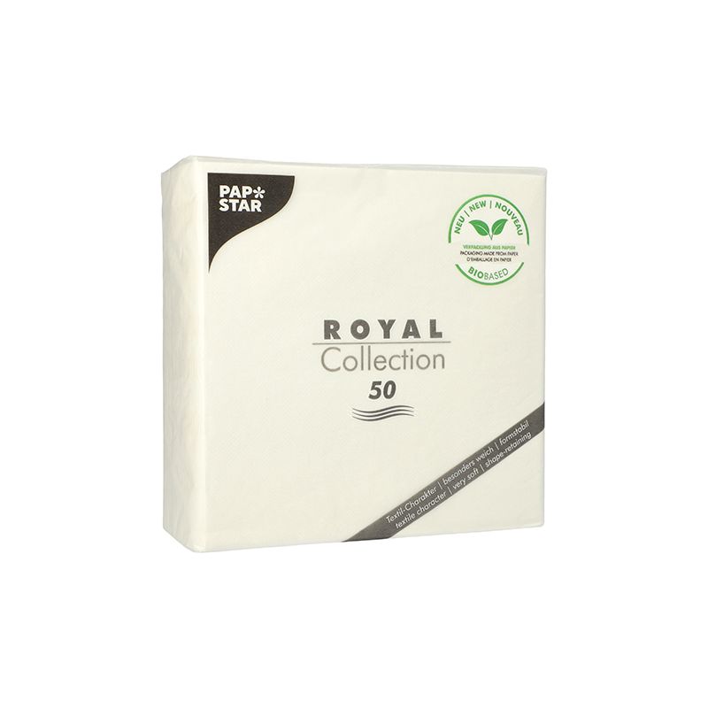 En pakke PAPSTAR "ROYAL Collection" servietter 1/4-fold, indeholder 50 stk. og er ideel til din borddekoration. Emballagen har en miljøvenlig etiket med et bladdesign, der indikerer 100% komposterbarhed. Disse hvide servietter, produceret af PAPSTAR GmbH, viser en enkel og elegant branding.