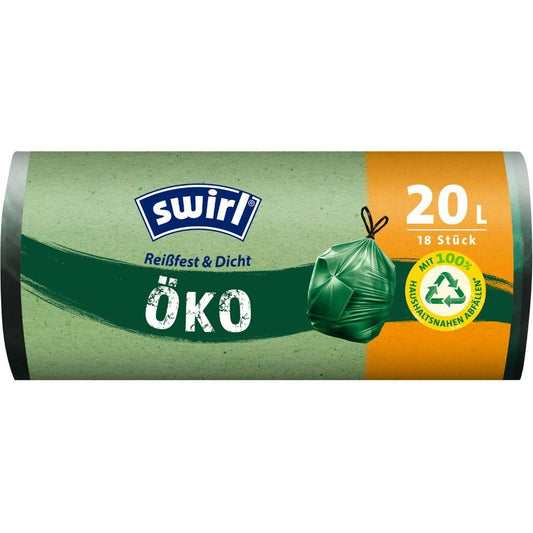 Eine Rolle Swirl Öko-Müllbeutel mit Zugband 20l Reißfest & Dicht von Melitta Europa GmbH & Co. KG enthält 18 umweltfreundliche Müllbeutel in grüner und oranger Verpackung mit Recyclingsymbol, hergestellt aus recyceltem Kunststoff.