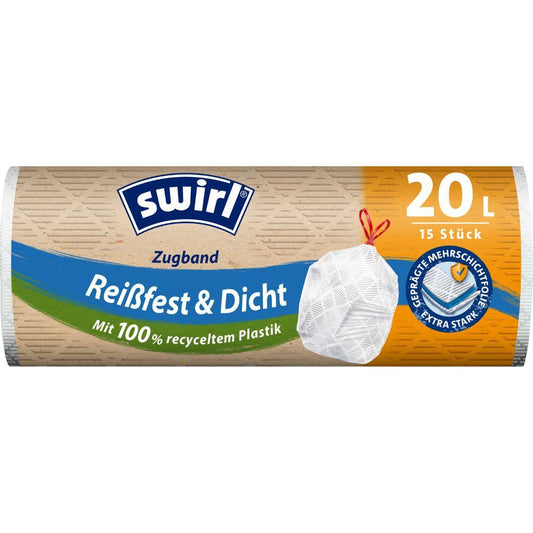 Der beige Swirl Zugband-Müllbeutel 20 l Reißfest & Dicht von Melitta Europa GmbH & Co. KG kommt als Rolle mit 15 Beuteln à 20 Litern und besteht aus 100 % recyceltem Kunststoff mit blauen und orangen Akzenten.