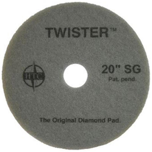 Das Twister Pad 10000 von Diversey Deutschland GmbH & Co. OHG ist ein runder, grauer Bodenpad mit mittigem Loch und Aufdruck "TWISTER 20'' SG - The Original Diamond Pad". Ideal zum Reinigen und Polieren von Hartböden.