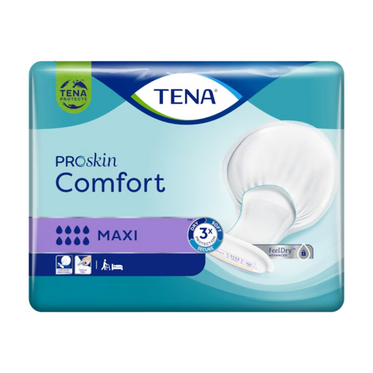 Verpackung für TENA Comfort Maxi Inkontinenzeinlagen, Inhalt 34 Stück. Das Design umfasst ein blau-violettes Farbschema mit einem Bild der Inkontinenzvorlage auf der rechten Seite sowie Symbolen, die Saugstärke und Produktvorteile angeben.