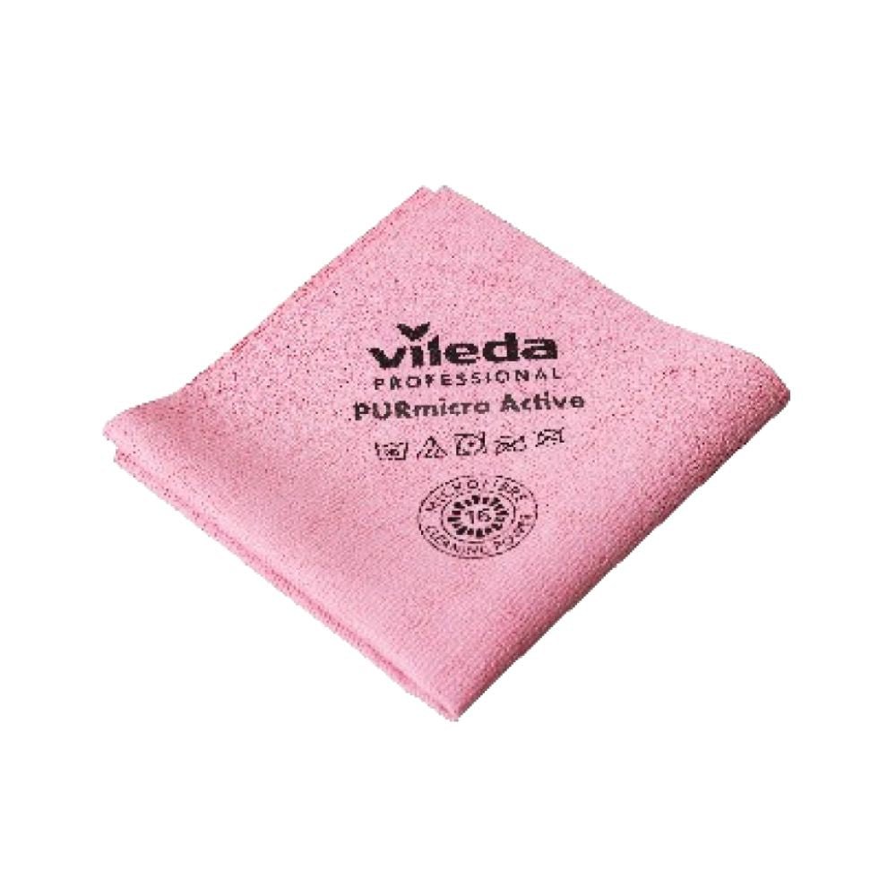 Vileda GmbH Professional PURmicro Active mikrofiberklud er en lyserød rengøringsklud med genbrugssymboler og plejeanvisninger. Den er let foldet og har en ren, blød struktur, der er perfekt til stribefri rengøring.