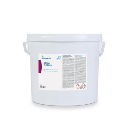 En hvid plastbeholder med to håndtag, mærket "Dr. Schumacher DESCO CLEANER" fra Dr. Schumacher GmbH, er en overfladerens, der på frontetiketten indeholder instruktioner, advarsler og faresymboler og lover stribefrie resultater.