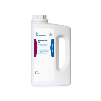 En hvid 2-liters plastbeholder med hank og skruelåg fra Dr. Schumacher GmbH med påskriften "Dr. Schumacher PERFEKTAN TB instrumentdesinfektion" er på forsiden forsynet med blå og kastanjebrune grafik og produktinformationer.