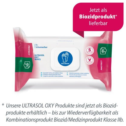 En pakke Dr. Schumacher Ultrasol Oxy Wipes desinfektionsservietter (108 servietter) er markeret med det blå symbol "Use Gloves" (brug handsker) og angiver deres tilgængelighed som et biocidprodukt, hvor den tyske tekst understreger brugen til medicinsk inventar.