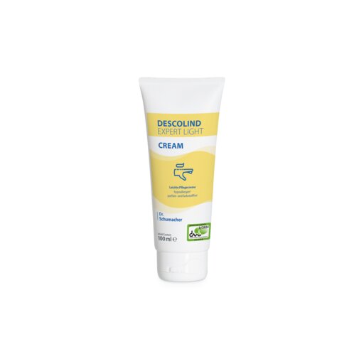 Et 100 ml-rør Dr. Schumacher DESCOLIND EXPERT LIGHT CREAM håndcreme fra Dr. Schumacher GmbH, med hvidt låg og gul-blå etiket, står oprejst mod hvid baggrund - ideel til følsom hud og hypoallergen.