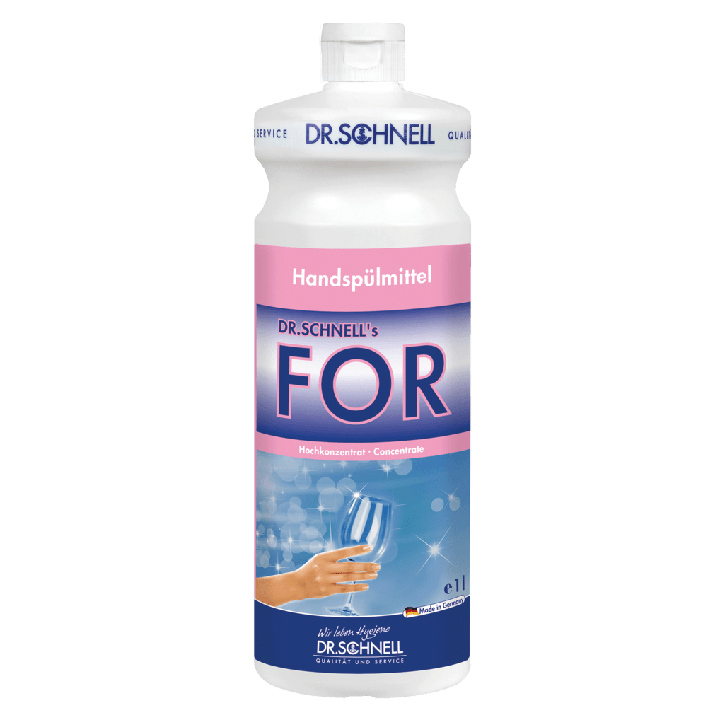 En 1-liters flaske Dr. Schnell FOR håndopvaskemiddel fra DR.SCHNELL GmbH & Co. KGaA, et koncentreret opvaskemiddel med lyserød og blå etiket, hånd, bobler, hvid lukning og DR.SCHNELL branding.