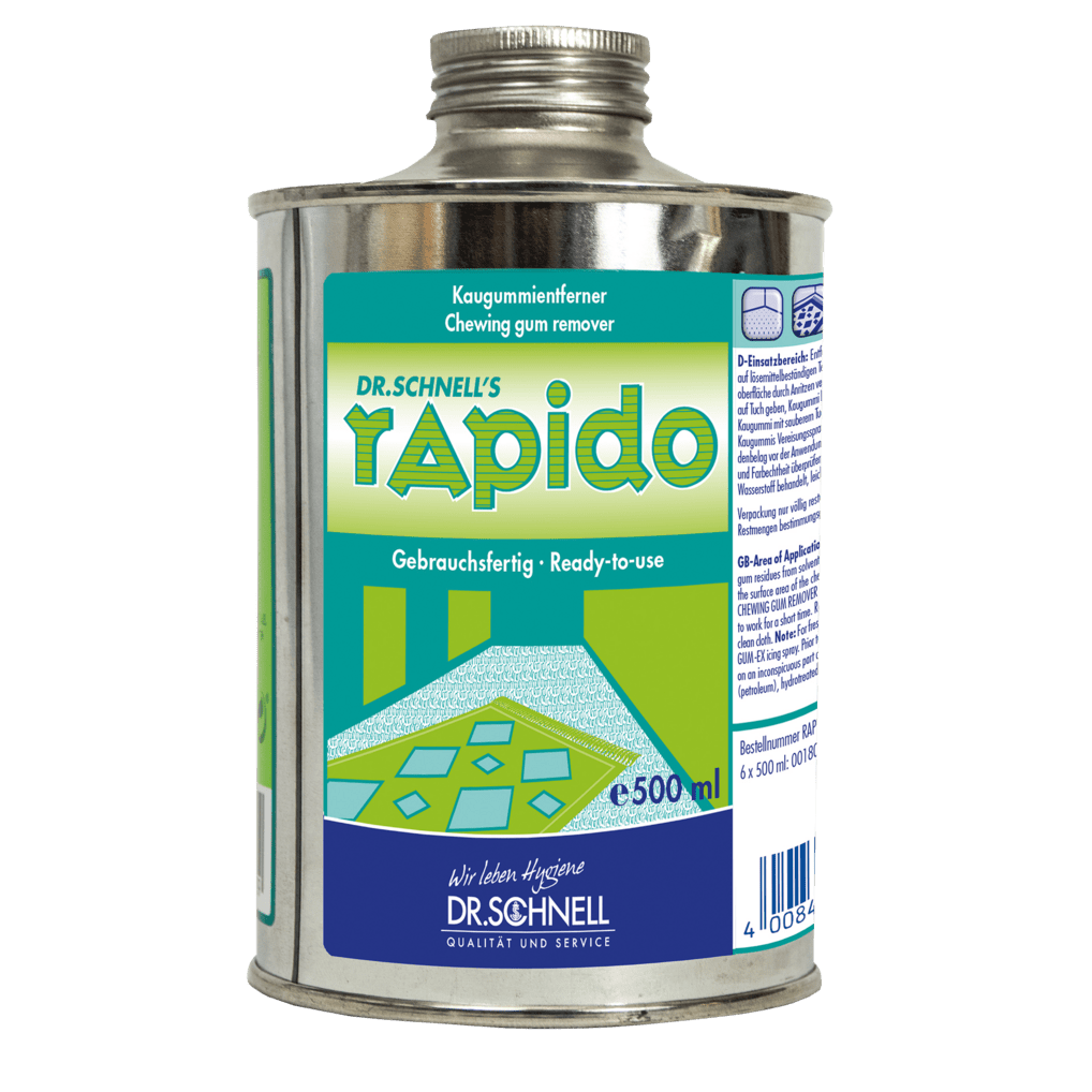 En 500 ml metaldåse Dr. Schnell tyggegummifjerner, klar til brug, fra DR.SCHNELL GmbH & Co. KGaA, til tekstiler og gulve; med grønt/blåt design og tosproget skrift (DE/EN).