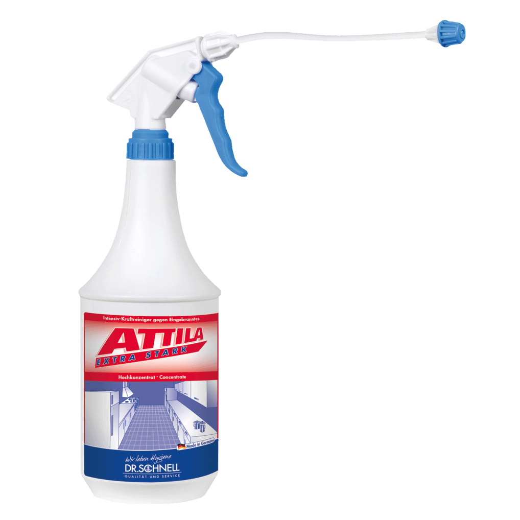 Weiße 1L Sprühflasche mit blauem Auslöser und der Aufschrift "Dr. Schnell ATTILA EXTRA STARK Grill- und Backofenreiniger, Küchenhygiene" der DR.SCHNELL GmbH & Co. KGaA, mit einem rot-blauen Etikett mit deutschem Text für Küchenhygiene.