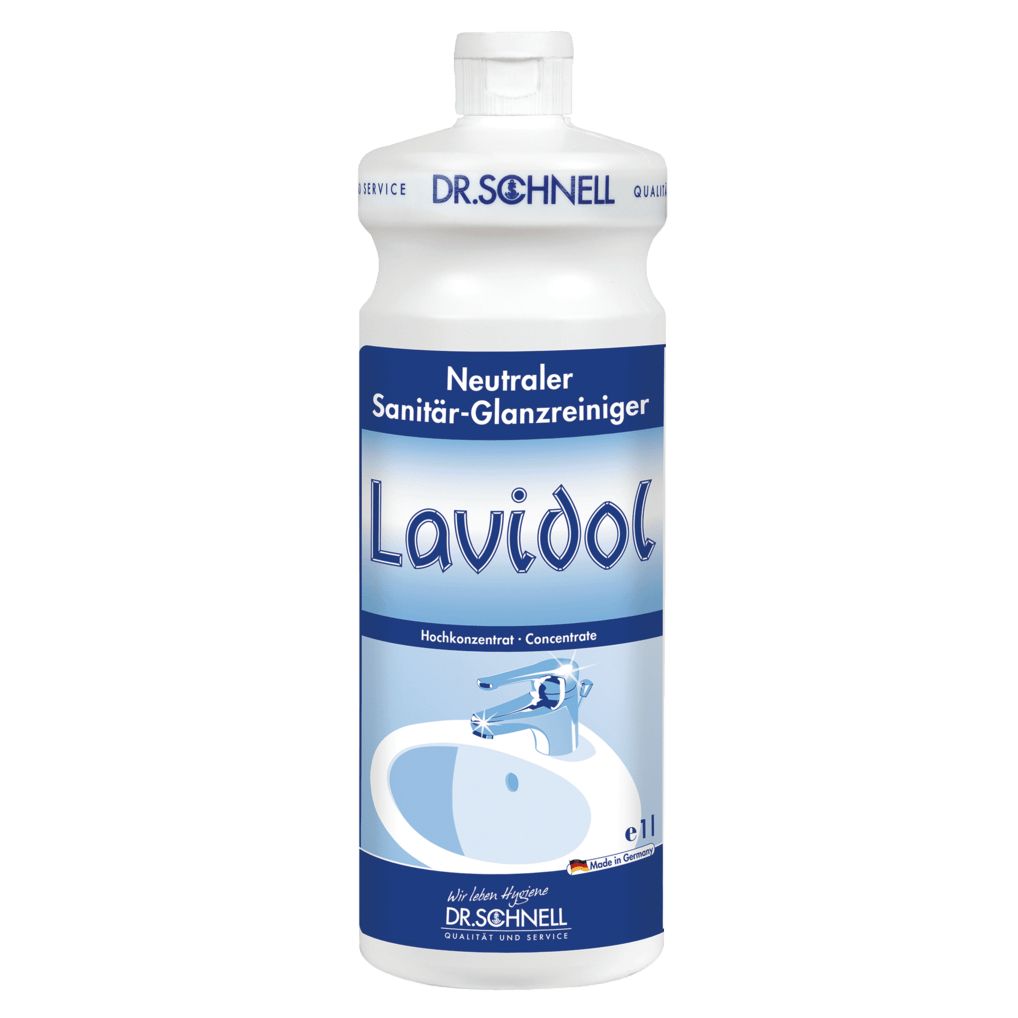 En hvid-blå 1-liters flaske Dr. Schnell LAVIDOL sanitetsrens fra DR.SCHNELL GmbH & Co. KGaA er forsynet med tysk tekst og et billede af en håndvask og en vandhane og indeholder koncentreret neutral sanitetsrens.