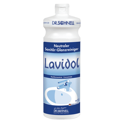 En hvid-blå 1-liters flaske Dr. Schnell LAVIDOL sanitetsrens fra DR.SCHNELL GmbH & Co. KGaA er forsynet med tysk tekst og et billede af en håndvask og en vandhane og indeholder koncentreret neutral sanitetsrens.