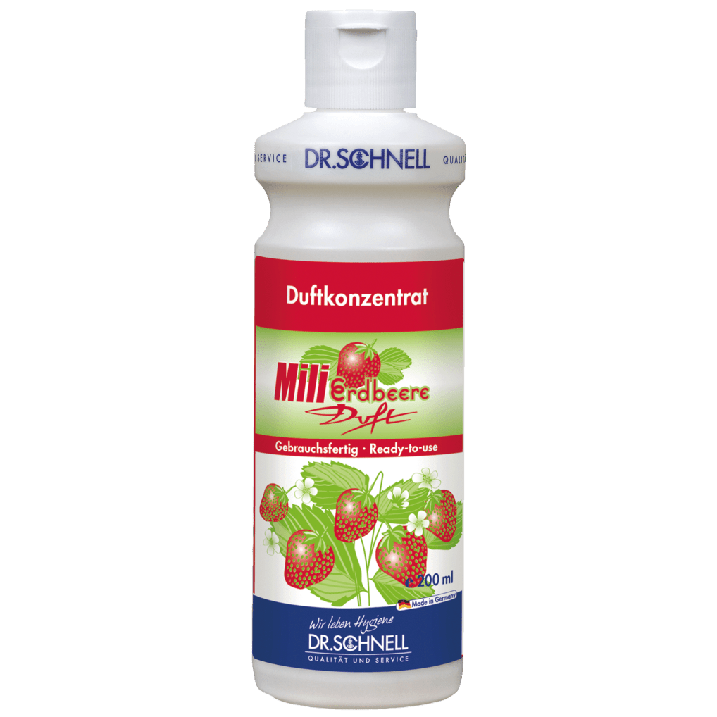 Dr. Schnell MILI Jordbær Duftkoncentrat (200 ml) fra DR.SCHNELL GmbH & Co. KGaA er en højkoncentreret duft til rumfriskhed, der tilbyder en effektiv lugtneutralisation med behagelig jordbærduft i en praktisk flaske.