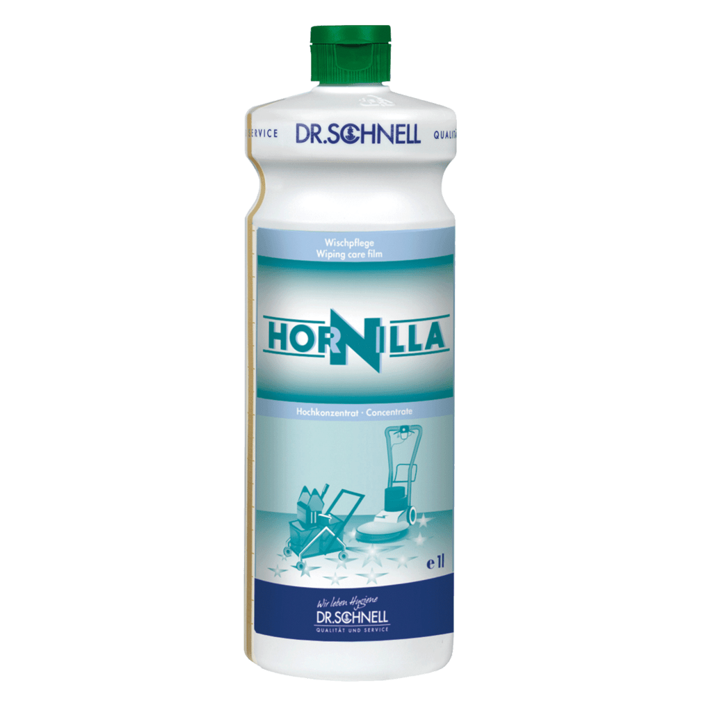 Eine weiße 1-Liter-Flasche Dr. Schnell HORNILLA von DR.SCHNELL GmbH & Co. KGaA, mit grüner Kappe, blauem und blaugrünem Etikett mit Abbildungen von Reinigungsgeräten, entwickelt für eine kraftvolle professionelle Reinigung.