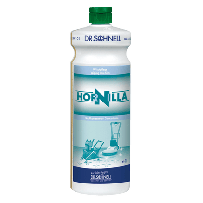 Eine weiße 1-Liter-Flasche Dr. Schnell HORNILLA von DR.SCHNELL GmbH & Co. KGaA, mit grüner Kappe, blauem und blaugrünem Etikett mit Abbildungen von Reinigungsgeräten, entwickelt für eine kraftvolle professionelle Reinigung.