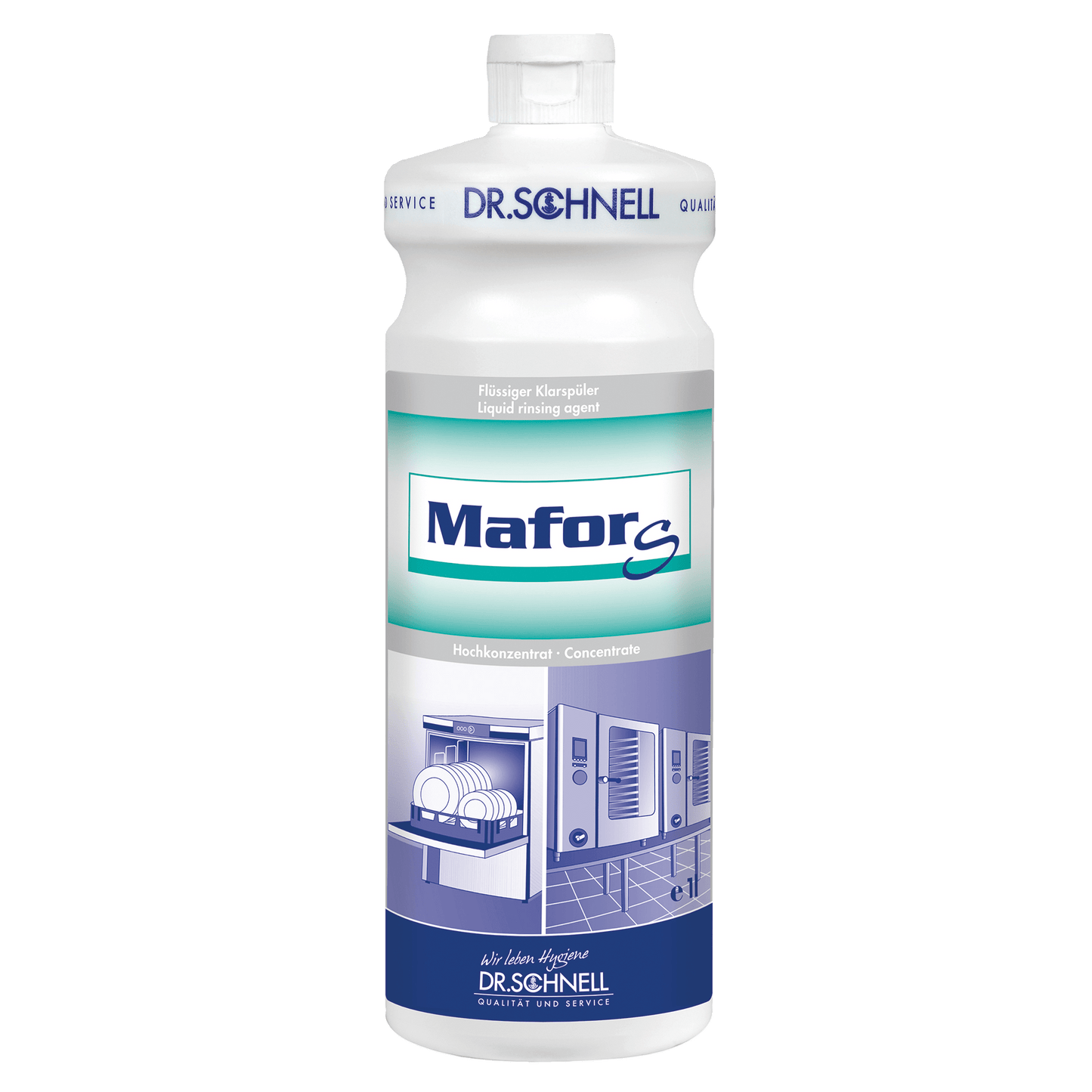 Eine weiße Kunststoffflasche Dr. Schnell MAFOR EVO S Klarspüler für Geschirrspülmaschinen von DR.SCHNELL GmbH & Co. KGaA mit blauer und grüner Beschriftung, mit Abbildungen von Geschirrspülmaschinen für streifenfreies Trocknen und Kalkvermeidung.