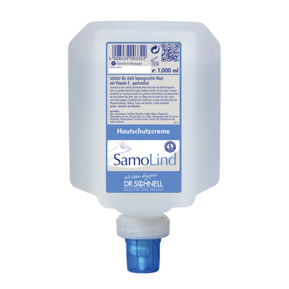 Ein 1.000 ml Gebinde von Dr. Schnell SAMOLIND Hautschutz der DR.SCHNELL GmbH & Co. KGaA ist mit einem blauen Spenderverschluss und einer deutschen Produktinformation auf einem weiß-blauen Etikett versehen.