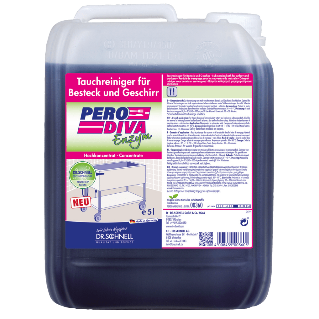 En 5-liters dunk Dr. Schnell PERO DIVA ENZYM dypperenser fra DR.SCHNELL GmbH & Co. KGaA, designet til køkken- og fødevarehygiejne - ideel til fejlfrit bestik og service, med tysk information og et borddiagram på etiketten.