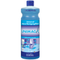 Eine blaue 1-Liter-Flasche Dr. Schnell UNIMAGIC Universalreiniger der DR.SCHNELL GmbH & Co. KGaA mit blauem Verschluss und einem Etikett mit Produktangaben und Reinigungssymbolen.