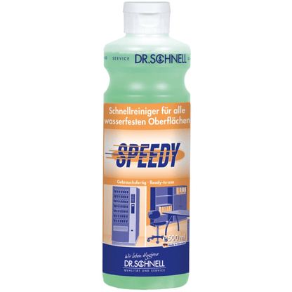 Eine 500 ml Dr. Schnell SPEEDY Flasche der DR.SCHNELL GmbH & Co. KGaA enthält grüne Flüssigkeit zur schnellen Reinigung aller wasserfesten Oberflächen im Haushalt, mit Abbildungen von Automaten und Büromöbeln auf dem Etikett.