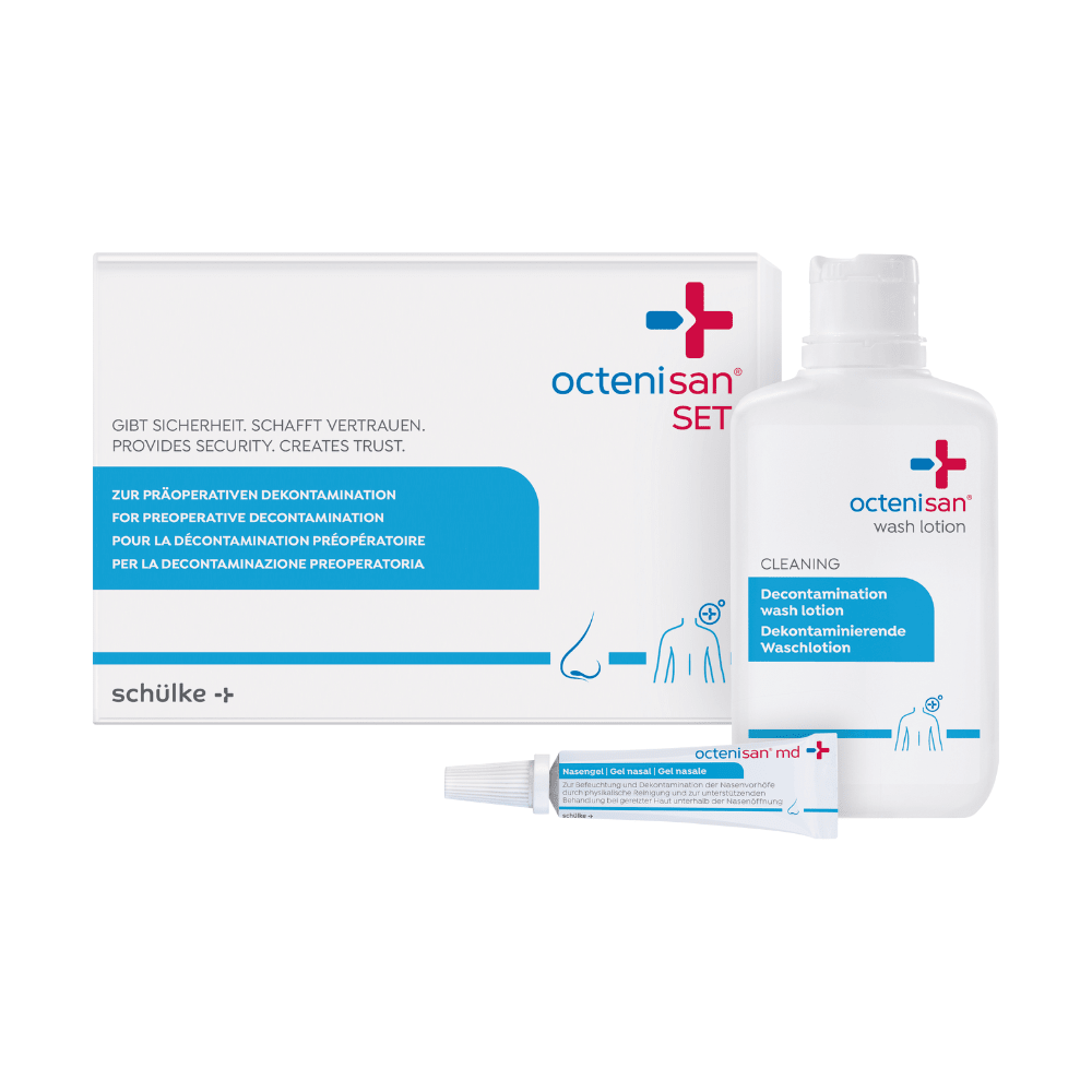 Sæt fra Schülke octenisan® fra Schülke & Mayr GmbH indeholder en vaskelotion og næsegel (2-delt) i blå-hvid emballage med flersproget information - ideel til præoperativ dekontaminering. 1 pakke (sæt).
