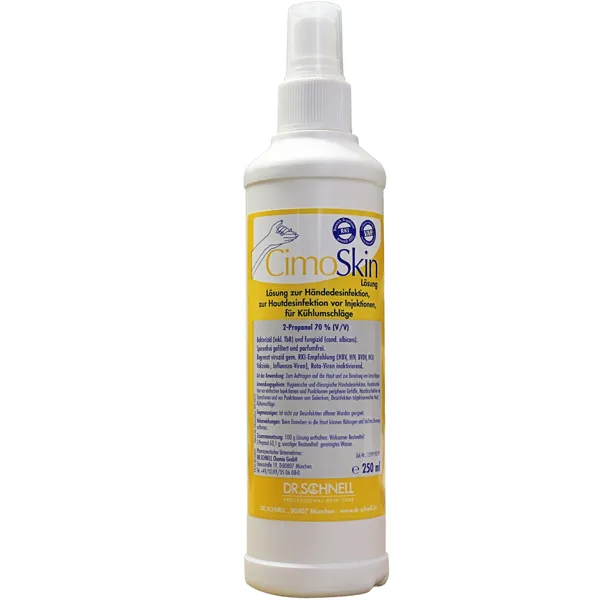 Eine 250ml weiße Sprühflasche Dr. Schnell CIMOSKIN Händedesinfektion der DR.SCHNELL GmbH & Co. KGaA, für die hygienische Händedesinfektion, mit gelber und weißer Schrift und hautfreundlicher Rezeptur.