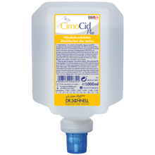Ein 1000-ml-Behälter der Dr. Schnell CIMOCID PLUS Händedesinfektion der DR.SCHNELL GmbH & Co. KGaA, mit einem blauen Spenderverschluss und einem gelb-weißen Etikett mit Informationen in deutscher und französischer Sprache.