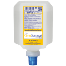 Ein 1000 ml Kunststoffspender der Dr. Schnell CIMODECONTAN SOFT Antimikrobielle Waschlotion der DR.SCHNELL GmbH & Co. KGaA, mit gelb-weißem Etikett und blauer Kappe, zur hygienischen Haut- und Handreinigung.