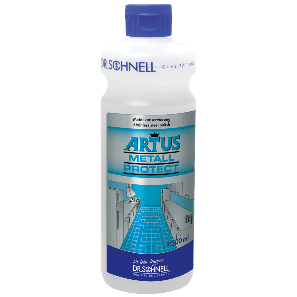 Hvid 500 ml plastflaske med blå låg fra Dr. Schnell ARTUS METALL PROTECT, et brugsklart overflade-metalsikringsmiddel til bygningsrengøring fra DR.SCHNELL GmbH & Co. KGaA; etiketten viser et illustreret køkken med skinnende metaloverflader.