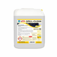 Ein 10-Liter-Kanister aus weißem Kunststoff mit der Aufschrift "Arcora Grill-Clean Gebrauchsfertiger Hochalkalischer Grillreiniger" von Arcora International GmbH; mit einem gelb-weißen Etikett mit Produktinformationen, Sicherheitssymbolen und Anweisungen für eine einfache Grillreinigung.