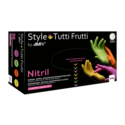 AMPri Style Tutti Frutti nitrilhandsker, puderfri, blandede farver | Æske (96 stk.)