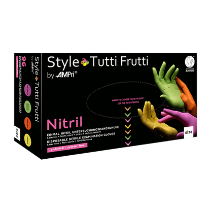 AMPri Style Tutti Frutti nitrilhandsker, puderfri, blandede farver | Æske (96 stk.)