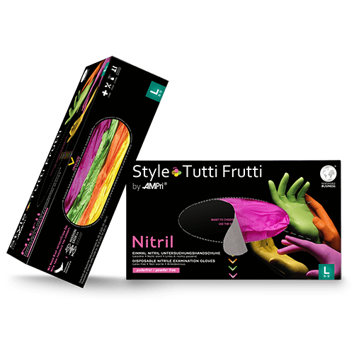 AMPri Style Tutti Frutti nitrilhandsker, puderfri, blandede farver | Æske (96 stk.)