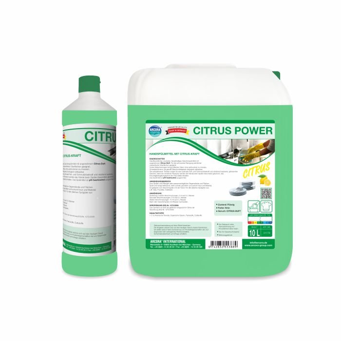 Der er to Arcora CITRUS POWER HÅNDSÆBEMIDDEL fra Arcora International GmbH: til venstre en 1-liters flaske med grønne accenter og til højre en 10-liters rektangulær dunk, begge med teksten for kraftfuld opvask.