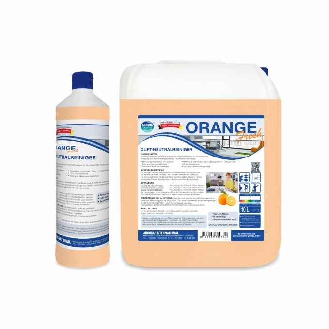 To beholdere fra Arcora International GmbH ORANGE FRESH DUFT-NEUTRALREINIGER - en flaske og en kande - er forsynet med detaljerede oplysninger og lysende orange billeder på etiketterne, der fremhæver den friske appelsinduft af denne neutralrenser.