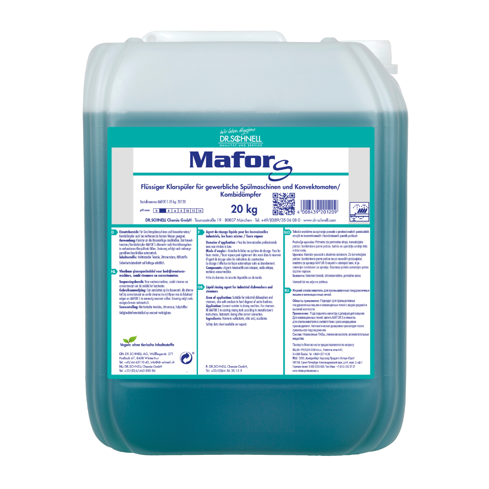 En 20 kg plastbeholder med Dr. Schnell MAFOR S Sure Skyllemiddel til kommercielle opvaskemaskiner fra DR.SCHNELL GmbH & Co. KGaA, blå væske, med en tysk hvid-grøn etiket med produktinformation og sikkerhedsanvisninger.
