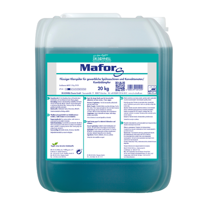 En 20 kg plastbeholder med Dr. Schnell MAFOR S Sure Skyllemiddel til kommercielle opvaskemaskiner fra DR.SCHNELL GmbH & Co. KGaA, blå væske, med en tysk hvid-grøn etiket med produktinformation og sikkerhedsanvisninger.