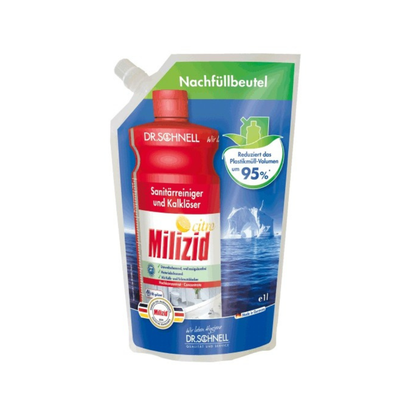 En 1-liters refillpose af Dr. Schnell Milizid Citro sanitetsrenser og kalkfjerner fra DR.SCHNELL GmbH & Co. KGaA, i rød-hvid med grønne accenter, tysk tekst, hældetud og 95% mindre plastvolumen.