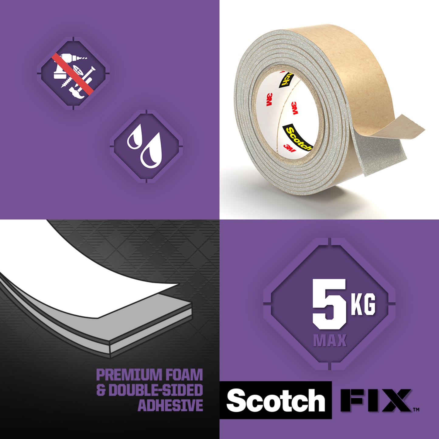 Ein Werbebild für das Scotch-FIX™ Spiegelmontageband 4496W der 3M Deutschland GmbH zeigt die Klebebandrolle, das Etikett "Max. Gewicht 5 kg", die Symbole "Keine Nägel" und "Wasserbeständigkeit" sowie den Text "Premium-Schaumstoff und doppelseitiger Klebstoff" - ideal für die Befestigung von Spiegeln.