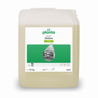 En 25-liters dunk af gennemsigtig plast med Vamat® P948 opvaskemiddel fra BUZIL-WERK, et miljøvenligt, alkalisk flydende glas- og opvaskemiddel til professionelle opvaskemaskiner, med en grøn/hvid etiket og et billede af køkkenredskaber på forsiden.