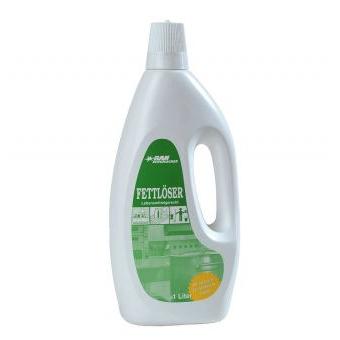 En hvid 1L plastflaske med påskriften "Fedtopløser" indeholder GastroPower TK-RAN fra Abena Re-Seller GmbH, ideel til bekæmpelse af genstridigt snavs i gastronomien; fås som kasse med 4 flasker (4*1L).
