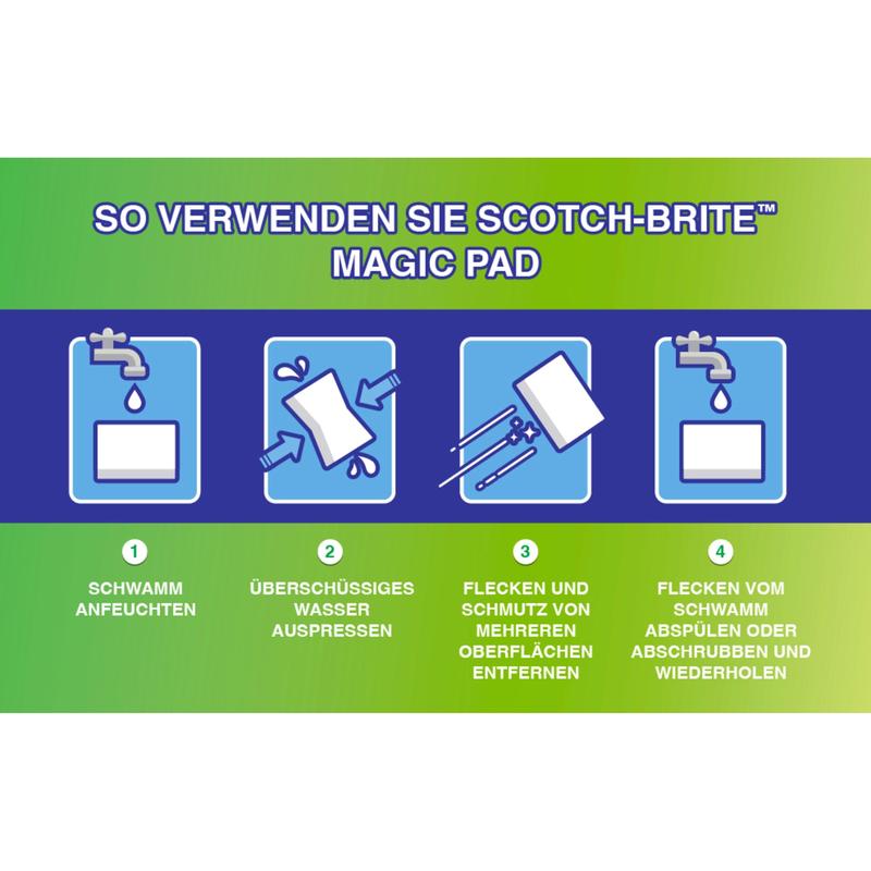 Den tyske instruktionsgrafik fra 3M Deutschland GmbH viser fire trin til anvendelse af Scotch-Brite® Magic Pads: Fugt padden, vrid den, tør pletterne af, skyl derefter eller genbrug - hvert trin er forsynet med et symbol.