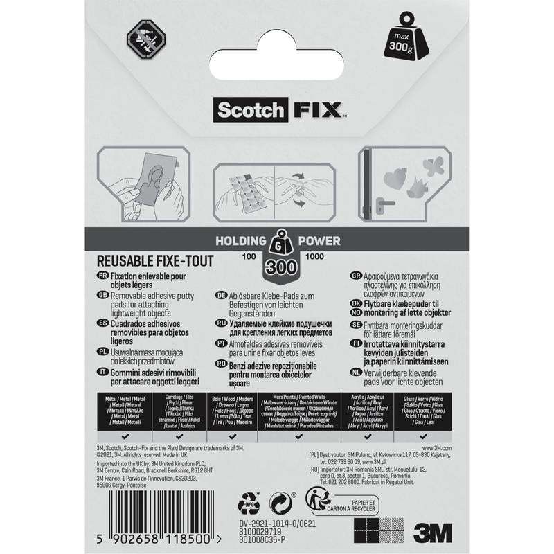 Bagsiden af en pakke 3M Deutschland GmbH Scotch-FIX™ Aftagelige Klæbepuder 301008C36-P (11mm x 15mm, 36 stykker) med instruktioner med illustrationer, flersprogede oplysninger, holdestyrke og branding på en sort-hvid-grå emballage.