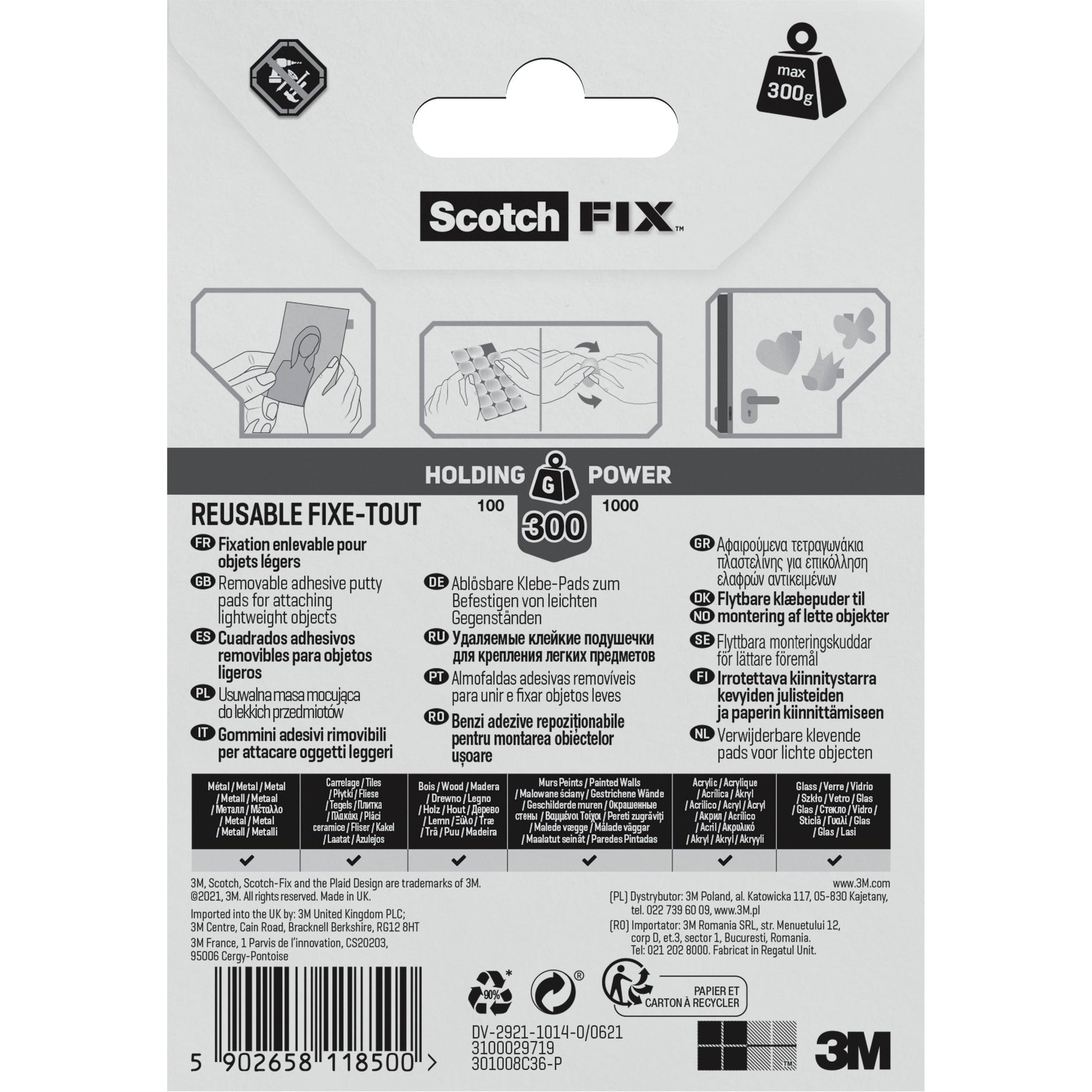 Auf der Rückseite einer Scotch-FIX™ Ablösbare Klebepads 301008C36-P Packung (36 Stück, 11 x 15 mm) von 3M Deutschland GmbH befinden sich mehrsprachige Gebrauchsanweisungen, Produkteigenschaften, Haltekraftsymbole sowie Hersteller- und Recyclinginformationen.