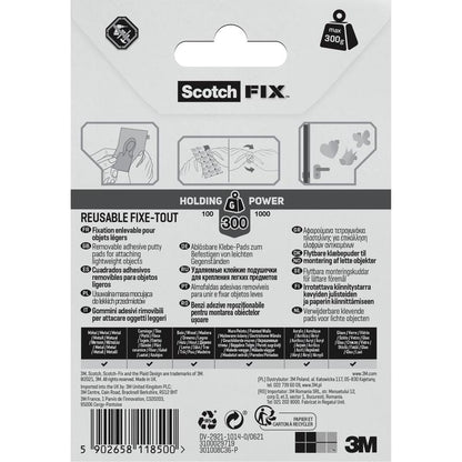 Bagsiden af en pakke 3M Deutschland GmbH Scotch-FIX™ Aftagelige Klæbepuder 301008C36-P (11mm x 15mm, 36 stykker) med instruktioner med illustrationer, flersprogede oplysninger, holdestyrke og branding på en sort-hvid-grå emballage.