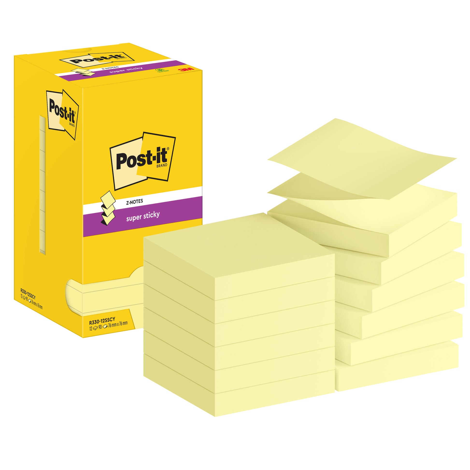 Eine gelbe Post-it® Super Sticky Z-Notes-Box (76x76 mm, 12 Blöcke/Packung, 90 Blatt/Block, PEFC-zertifiziert) von 3M Deutschland GmbH steht neben gestapelten gelben Haftnotizen, von denen eine teilweise angehoben ist.