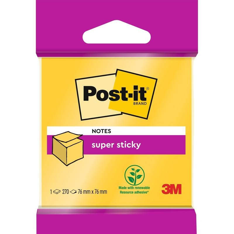 En pakke Post-it® Super Sticky Notes terning, 76 mm x 76 mm, fra 3M Deutschland GmbH. Indeholder 270 gule blade, har en lilla top- og bunddel, 3M-logoet og anvender 100% PEFC-certificeret klæbemiddel fra fornybare råmaterialer.