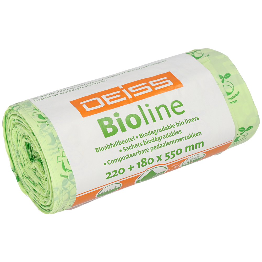 En rulle EMIL DEISS KG (GmbH + Co.) DEISS BIOLINE affaldsposer, biofolie, 10 L, natur, 220+180x550x0,018 mm (20 poser), i grøn emballage med flersproget tekst.